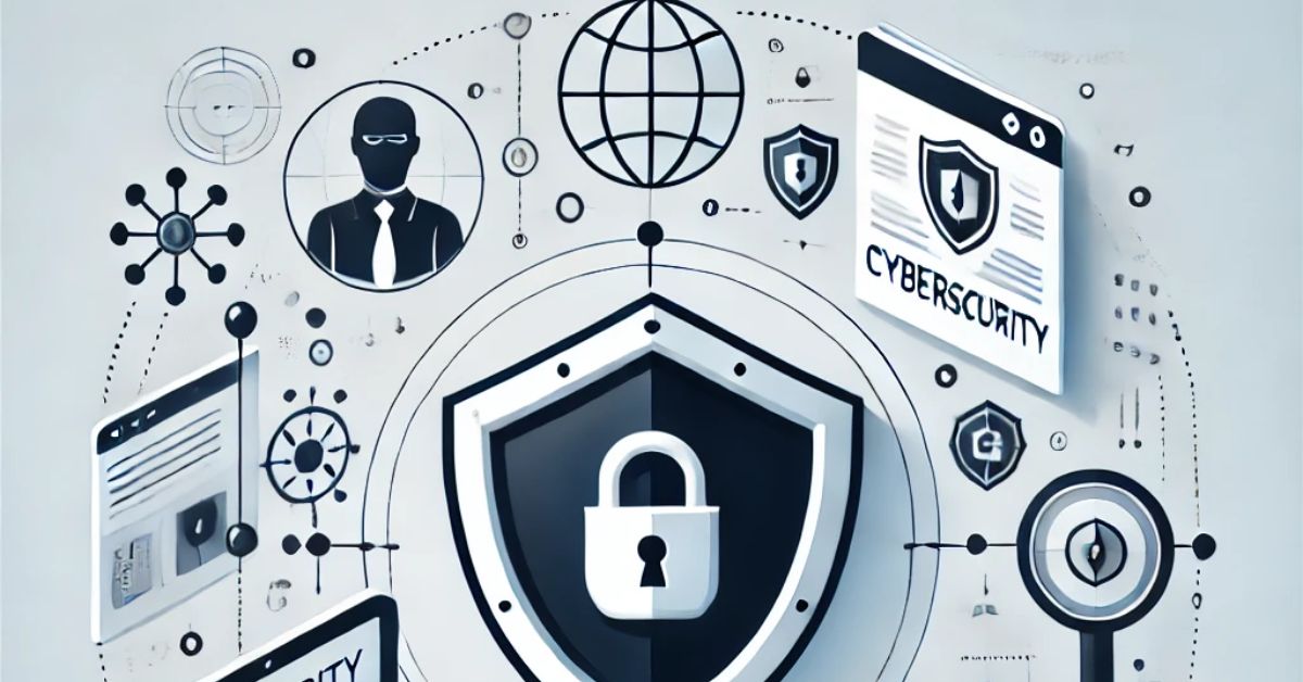 Cybersecurity symbols: shield, lock, computer